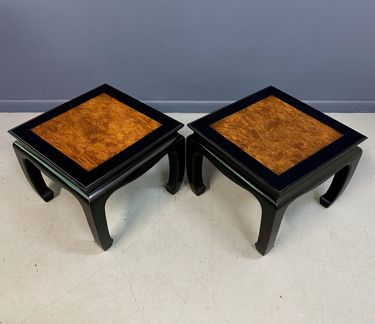 Century Ebonized Pair of Pagoda End Tables with A Burl Top Chin Hua Collection