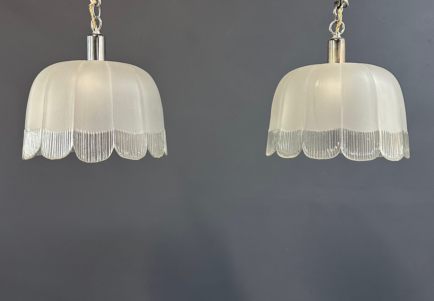 Pair of Art Deco Hand-Blown Glass Pendants with Scalloped Detailing 1930s France