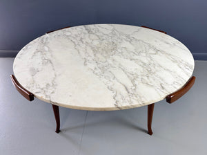 Erno Fabry Coffee Table in Carrara Marble and a Walnut Base with Curvacrous Legs