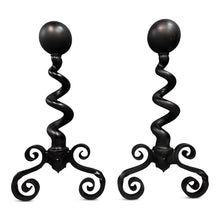 Load image into Gallery viewer, Bradley & Hubbard Andirons Cast Iron Cannonball Tops Over Corkscrew Columns