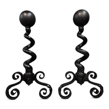 Load image into Gallery viewer, Bradley &amp; Hubbard Andirons Cast Iron Cannonball Tops Over Corkscrew Columns