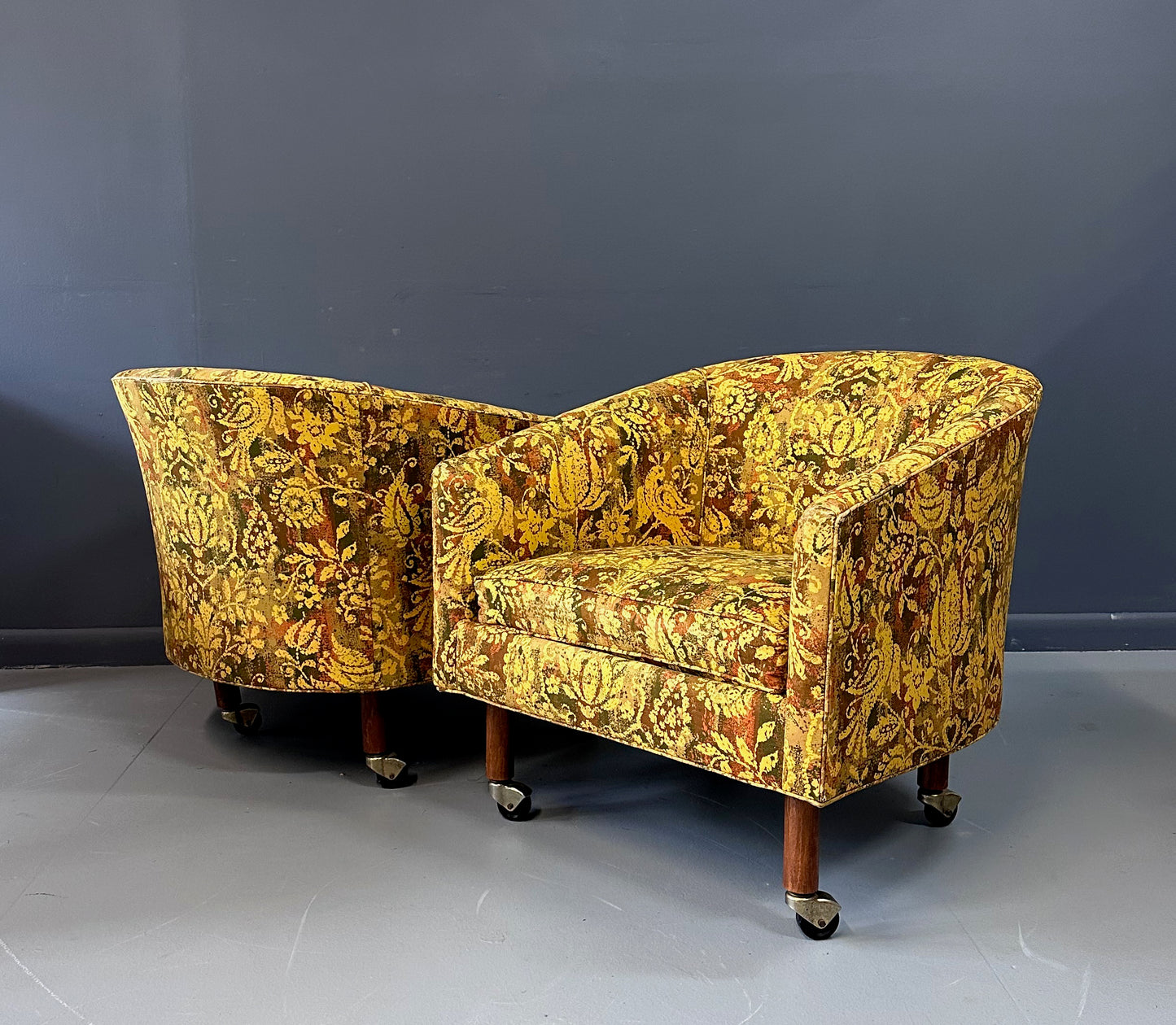 Pair of Century Furniture Cos Barrel Back Chairs with Walnut Legs and Casters
