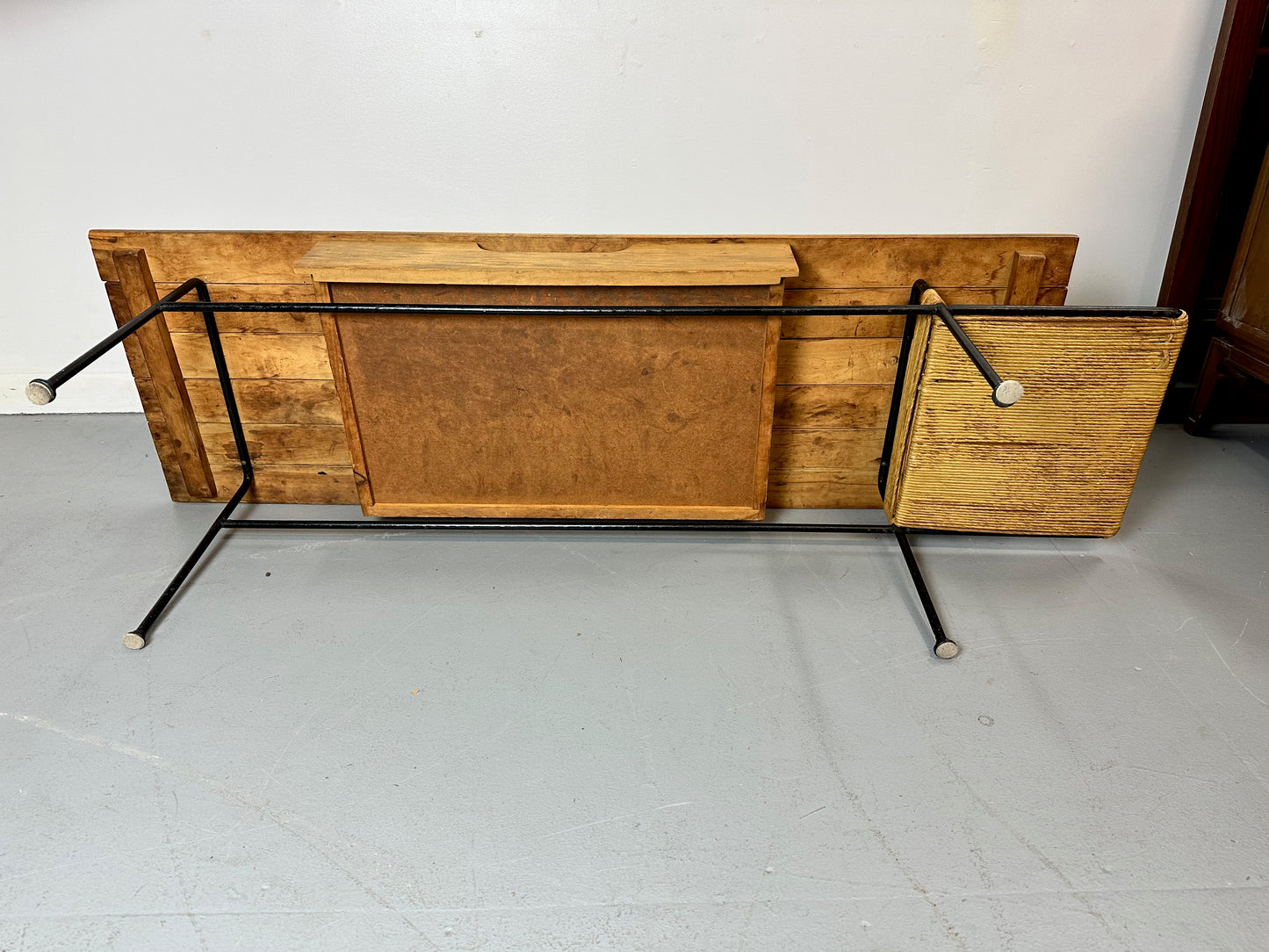 Arthur Umanoff Coffee/Cocktail Table with shelf and Drawer in Elm, Iron, & Cord