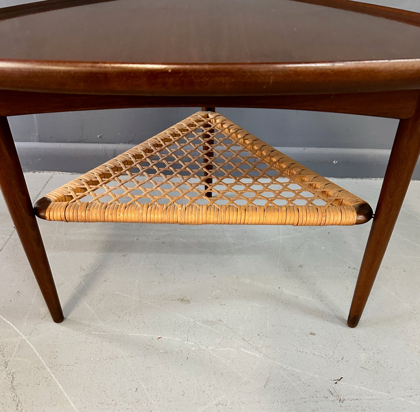 SOLD – Danish Modern Walnut and Cane Selig Occasional Triangle End Table by Poul Jensen