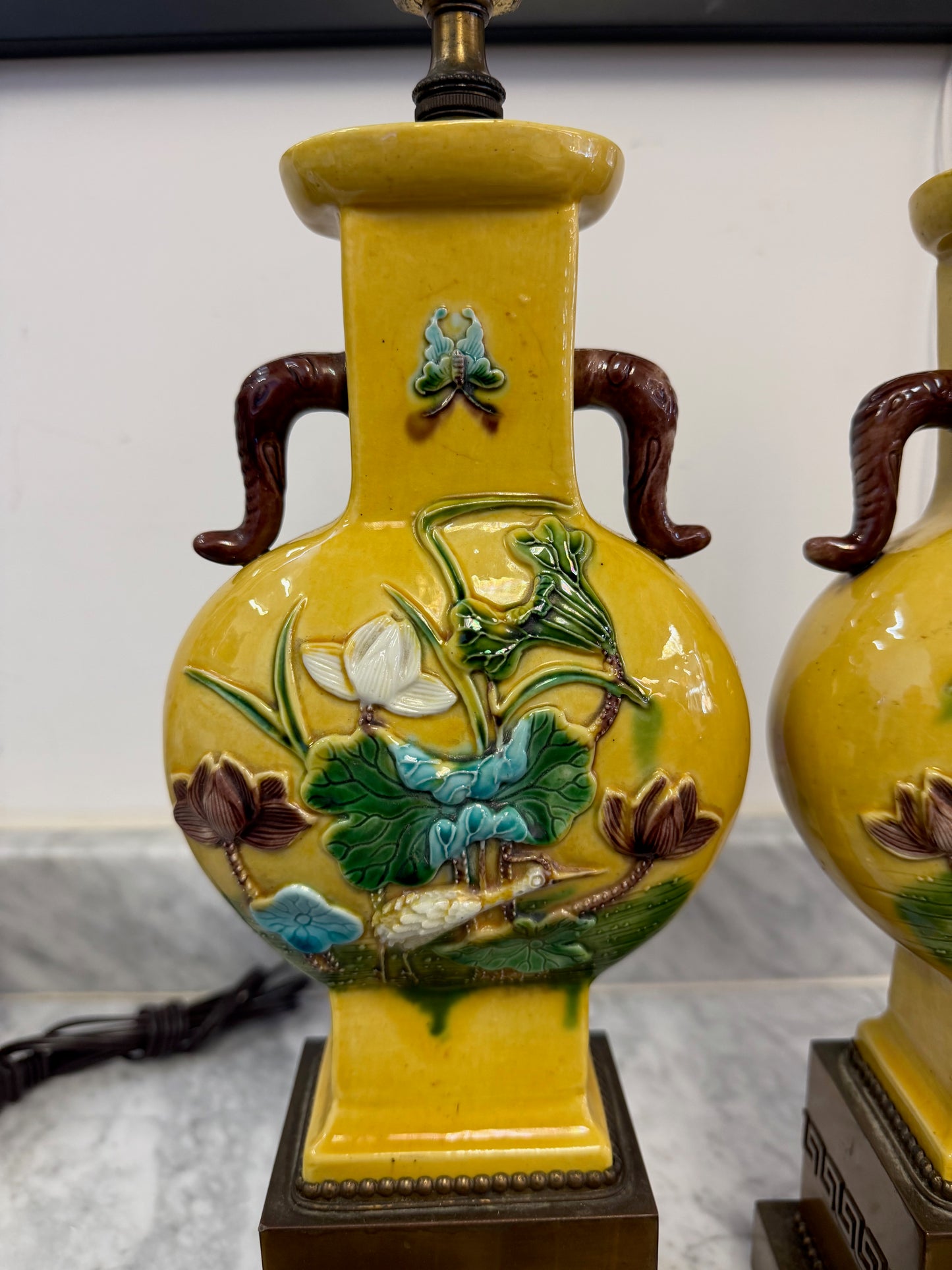 Porcelain Lamps w/Lotus & Crane Motif, Brass Greek Key