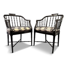 Load image into Gallery viewer, Pair of Chinoiserie Hollywood Regency Faux Bamboo Armchairs in Black by Baker