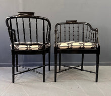 Load image into Gallery viewer, Pair of Chinoiserie Hollywood Regency Faux Bamboo Armchairs in Black by Baker