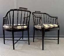 Load image into Gallery viewer, Pair of Chinoiserie Hollywood Regency Faux Bamboo Armchairs in Black by Baker