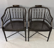 Load image into Gallery viewer, Pair of Chinoiserie Hollywood Regency Faux Bamboo Armchairs in Black by Baker