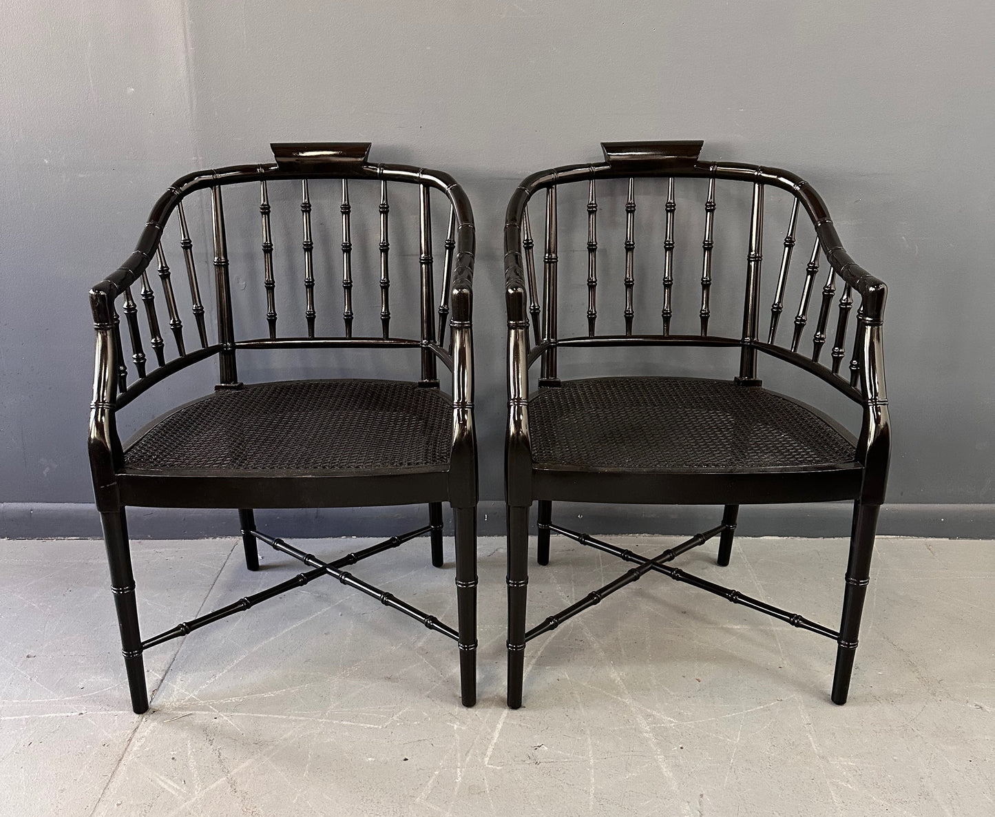 SOLD – Pair of Chinoiserie Hollywood Regency Faux Bamboo Armchairs in Black by Baker