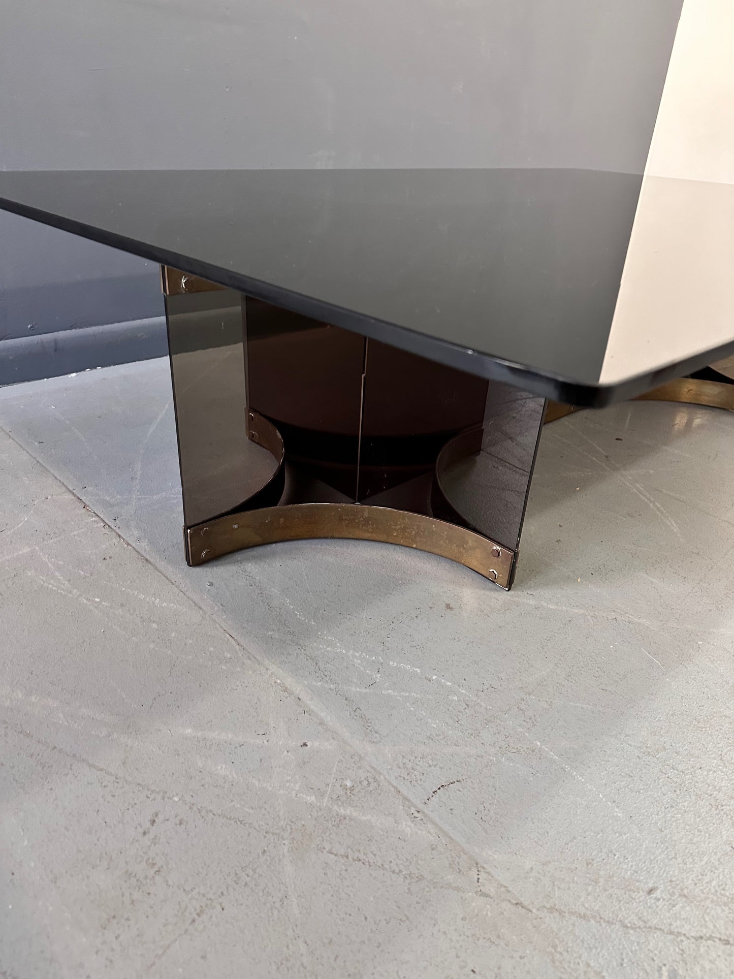 SOLD – Alessandro Albrizzzi Smoked Glass and Patinated Brass with Lucite Coffee Table