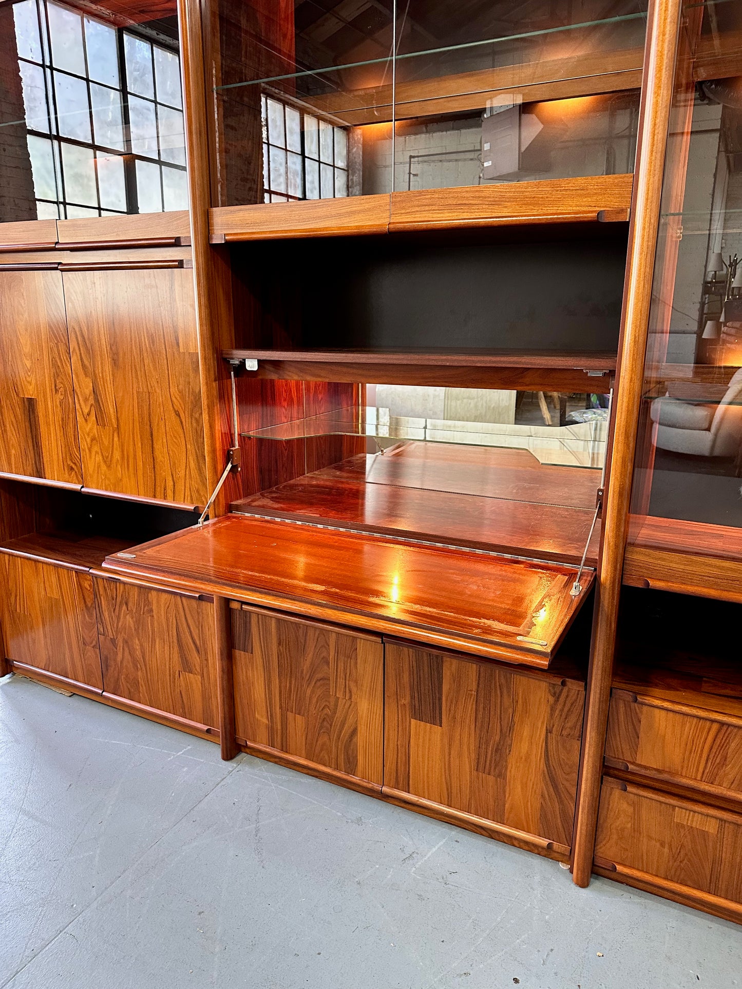 SOLD – 1980s Three Piece Lighted Rosewood Veneer Wall Unit the Style of Jorge Zalszupin
