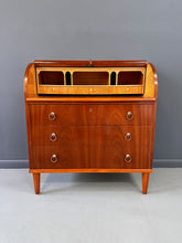 Load image into Gallery viewer, Early Danish Roll Top Desk with Fluted Legs in Booked Matched Veneer Mid Century