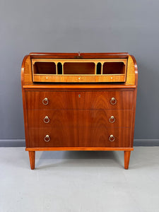 Early Danish Roll Top Desk with Fluted Legs in Booked Matched Veneer Mid Century