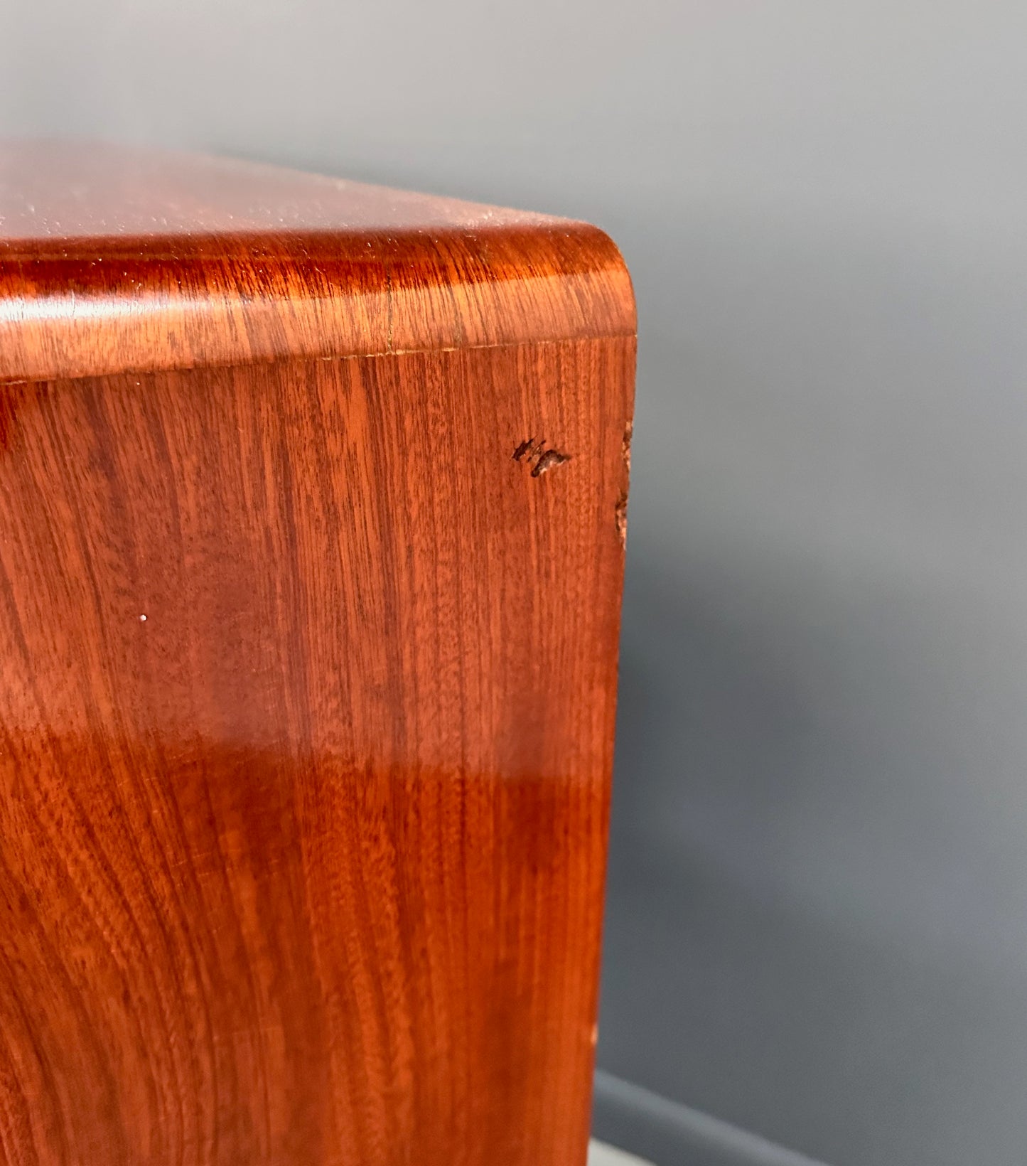 SOLD – Early Danish Roll Top Desk with Fluted Legs in Booked Matched Veneer Mid Century