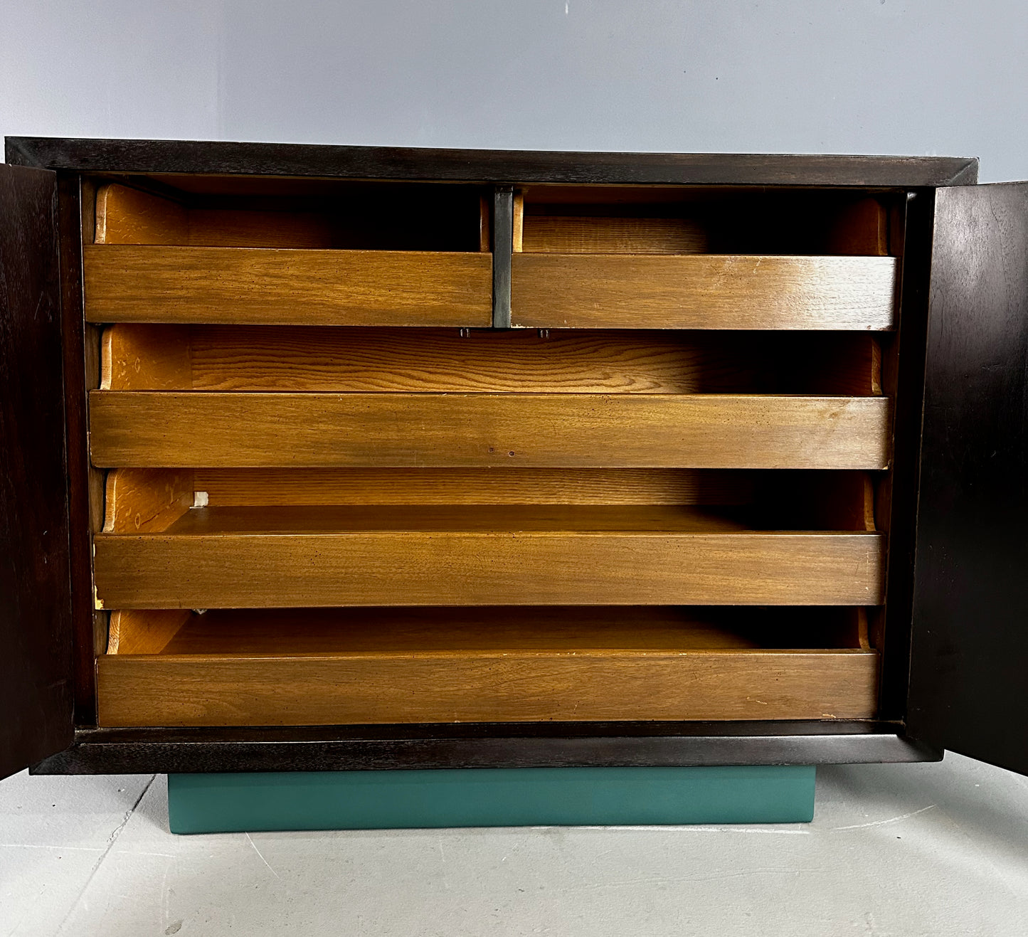 SOLD – Art Deco 1930s Leather Front 5 Drawer Commode the Style of Parzinger Originals