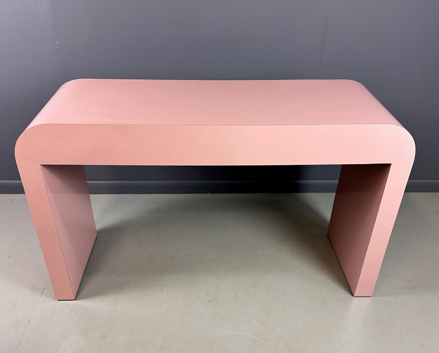 SOLD – 1980s Mauve Waterfall Laminate Desk with Two Drawers and a custom Bench