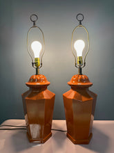 Load image into Gallery viewer, 1970s Burnt Umbar Geometric Ceramic Table Lamps Mid Century