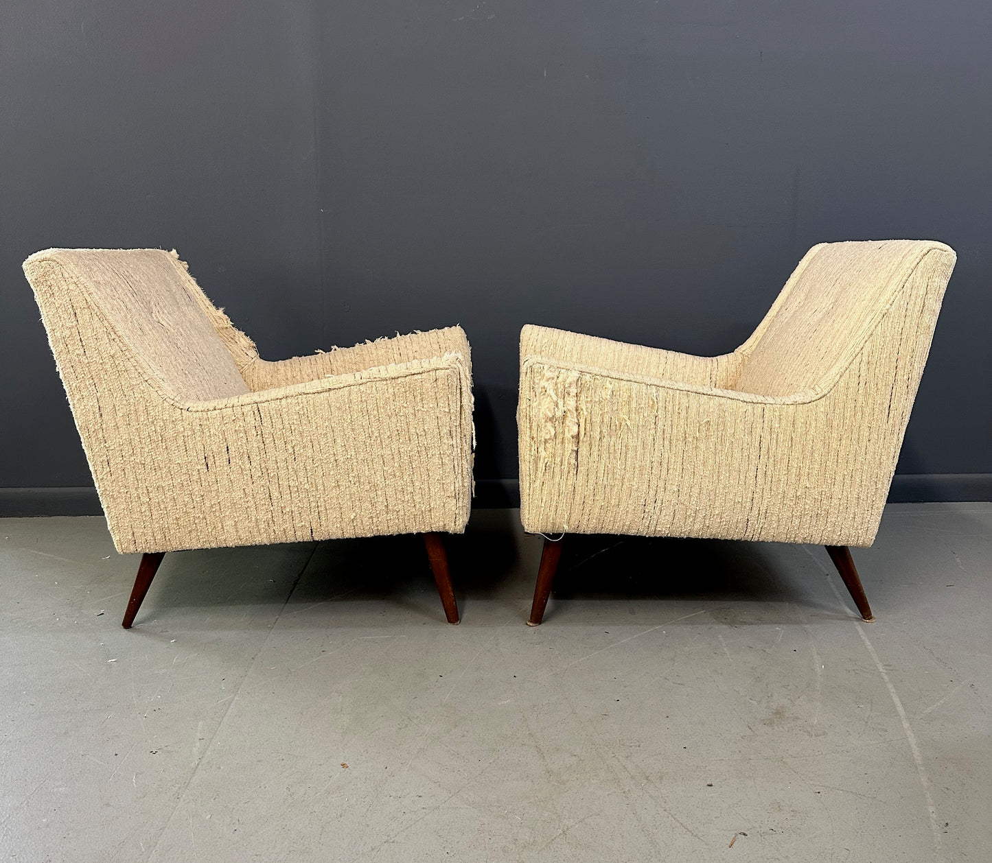 SOLD – Pair of Early Milo Baughman Style Mid Century Armchairs with Walnut Legs