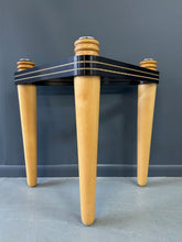 Load image into Gallery viewer, 1990 demi-lune hall table designed by Kaiser Newman, featuring a curved green glass top, light beech wood legs, and a black lacquered frame with white inlay detailing