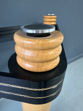 Load image into Gallery viewer, 1990 demi-lune hall table designed by Kaiser Newman, featuring a curved green glass top, light beech wood legs, and a black lacquered frame with white inlay detailing