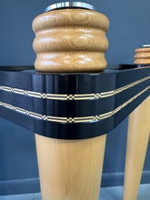 Load image into Gallery viewer, 1990 demi-lune hall table designed by Kaiser Newman, featuring a curved green glass top, light beech wood legs, and a black lacquered frame with white inlay detailing
