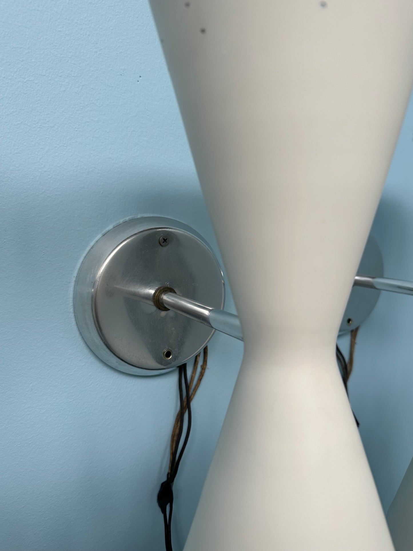 SOLD – Set of Four Litecraft Mid Century Sconces in White and Chrome with Pinhole Design