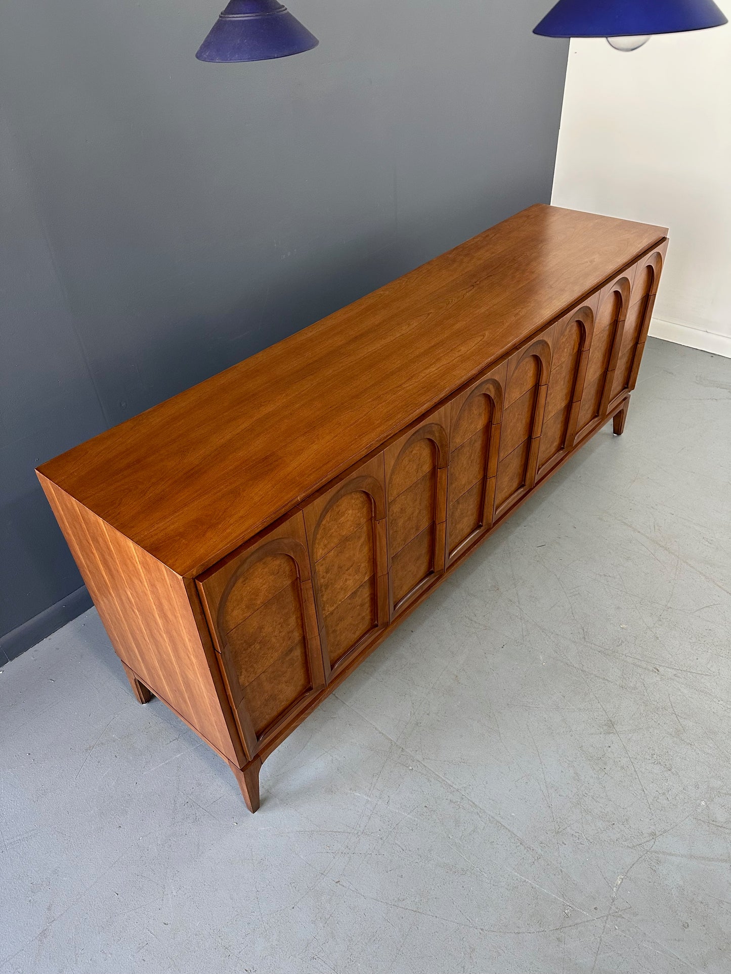 SOLD – Thomasville Sculptural 'Arched' 9 Drawer Dresser Walnut, Olive Burl