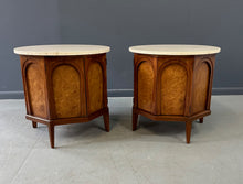 Load image into Gallery viewer, Pair of Thomasville 'Arched' Series End Tables or Nightstands Featuring Travertine Tops, Walnut Frames, and Olive Burl Panels