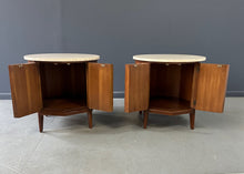 Load image into Gallery viewer, Pair of Thomasville 'Arched' Series End Tables or Nightstands Featuring Travertine Tops, Walnut Frames, and Olive Burl Panels