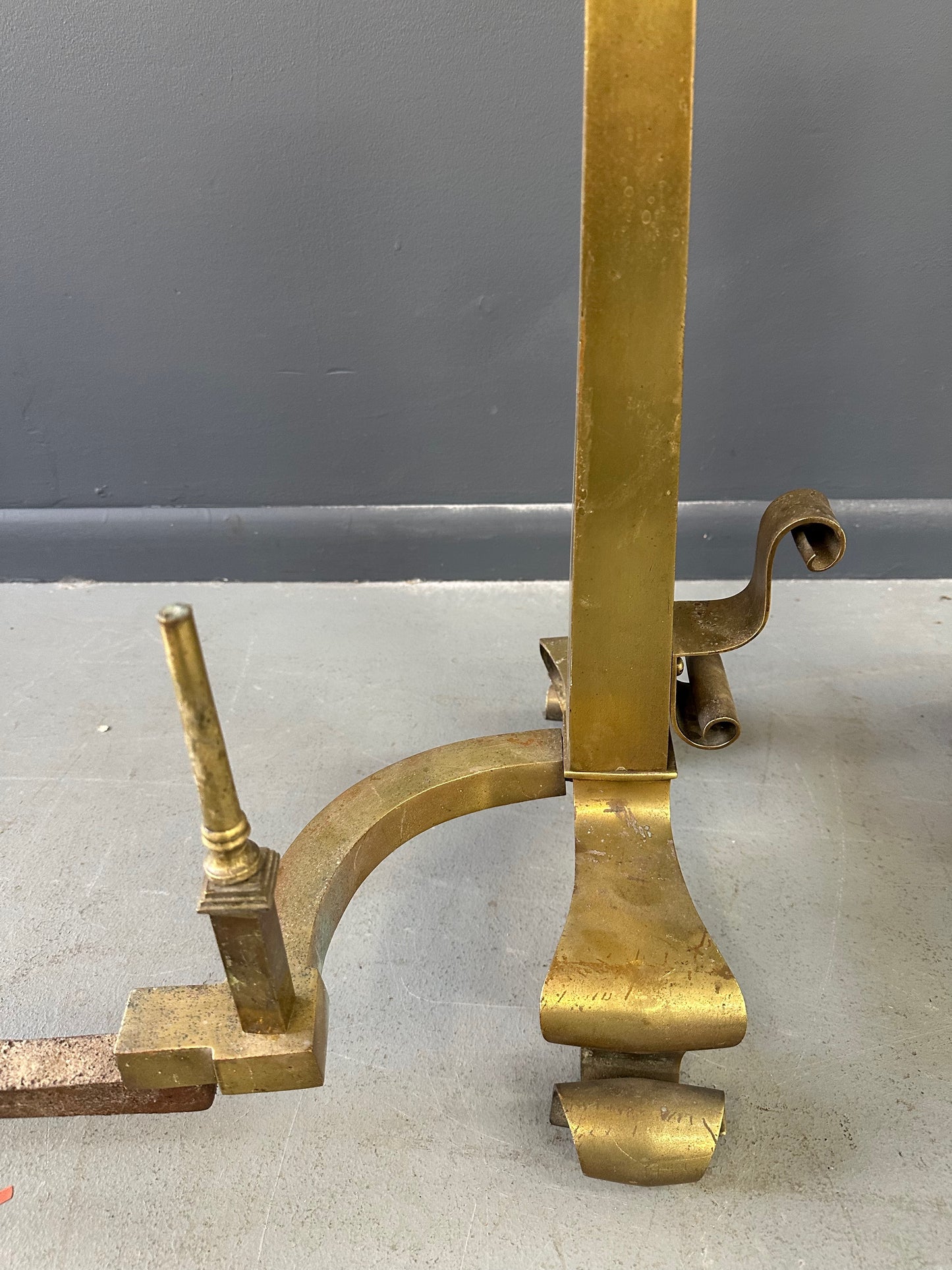 Set of Grand Antique Brass Columnar Andirons with Cannonball Finial