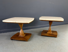 Load image into Gallery viewer, Mid Century Drexel Travertine and Walnut Side Tables
