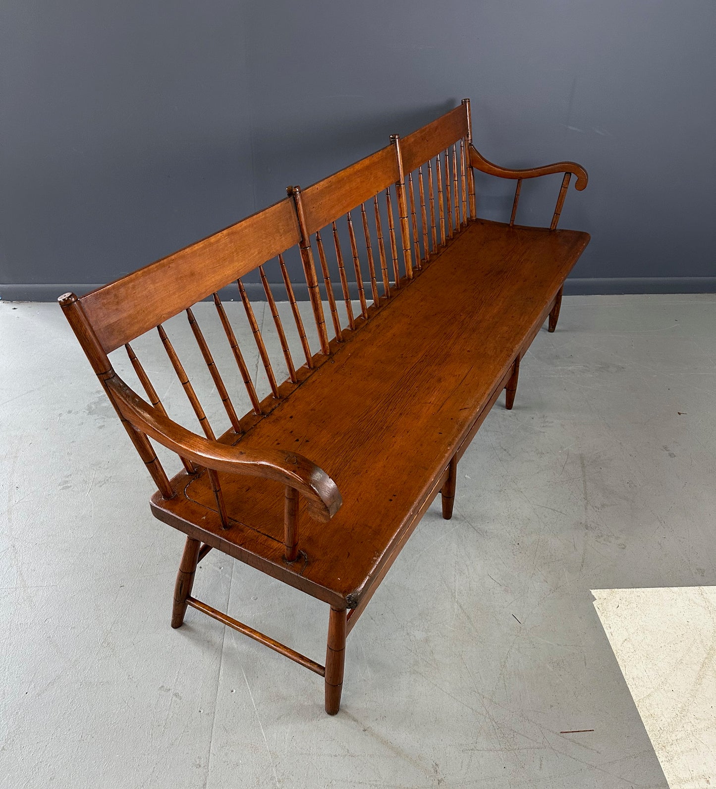 SOLD – Antique Pine Rustic Spindle Back Long Deacon's Bench