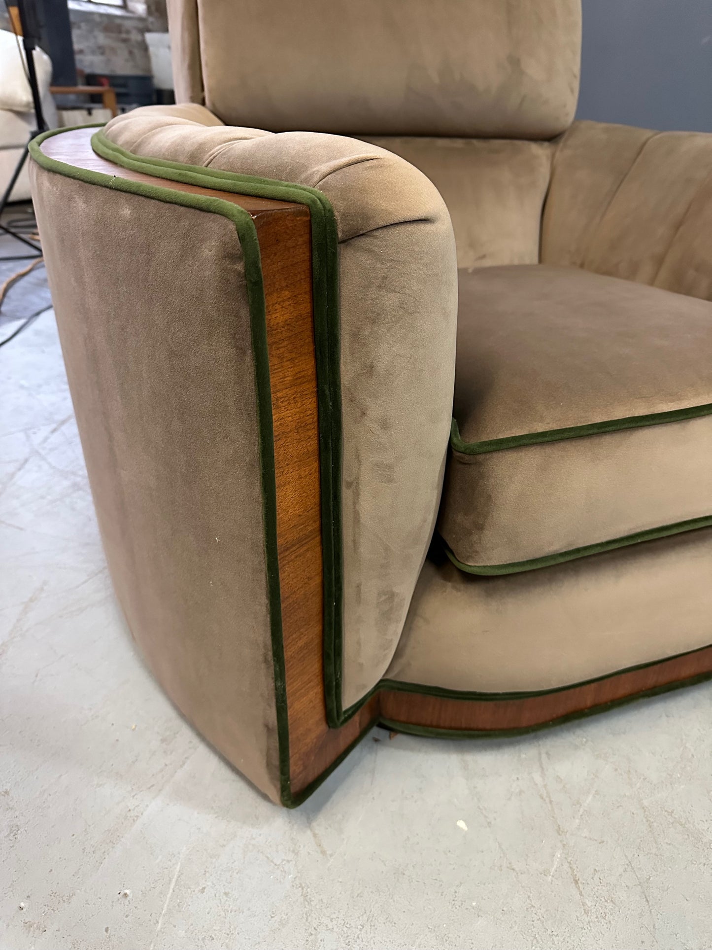 Pair of Art Deco Tank Lounge Chairs in Mocha Velvet with Green Trim and Curved Wood Accents