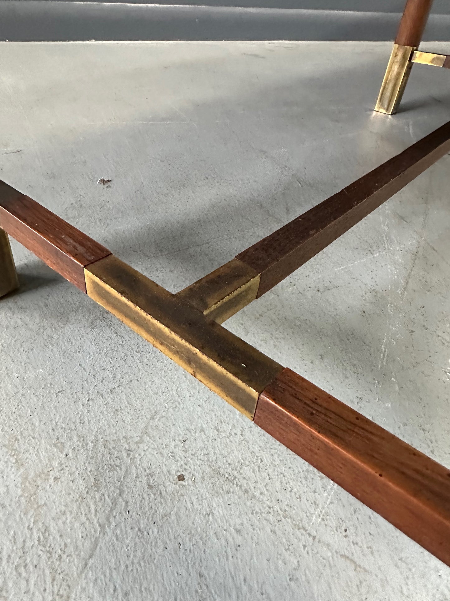 Travertine and Burl Coffee Table with Brass Accents Mid Century