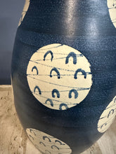 Load image into Gallery viewer, Mid Century Pair of Japanese-Inspired Art Pottery Table Lamps – Navy and Cream Ceramic Lamps with Modern Pattern
