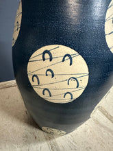 Load image into Gallery viewer, Mid Century Pair of Japanese-Inspired Art Pottery Table Lamps – Navy and Cream Ceramic Lamps with Modern Pattern