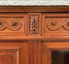 Load image into Gallery viewer, Antique French Directoire Style Mahogany Sideboard with Marble Top – Glass Door Buffet Cabinet with Carved Details