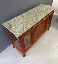 Load image into Gallery viewer, Antique French Directoire Style Mahogany Sideboard with Marble Top – Glass Door Buffet Cabinet with Carved Details