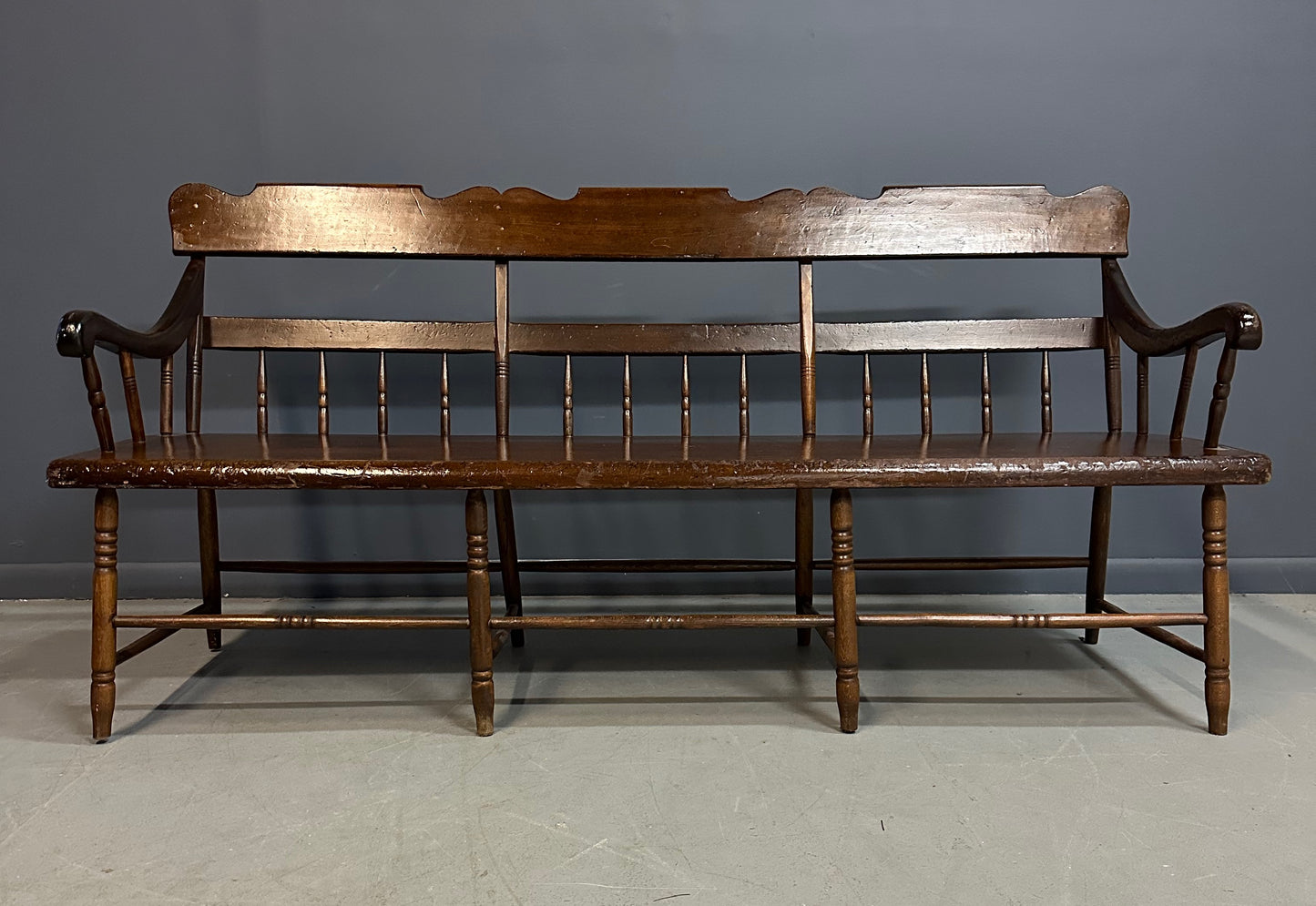 SOLD – Antique Dark Pine Rustic Spindle Back Deacon's Bench