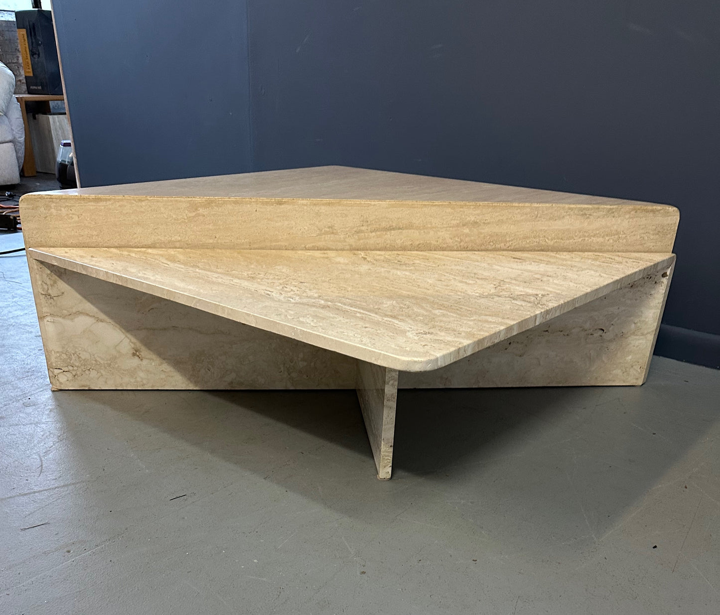 Vintage Italian postmodern travertine marble cocktail table – two-piece modular coffee table with geometric design, perfect for luxury modern interiors