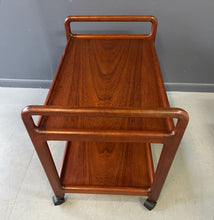 Load image into Gallery viewer, Vintage Danish teak mid-century modern bar cart or drinks trolley with two-tier design, rolling wheels, and minimalist Scandinavian style