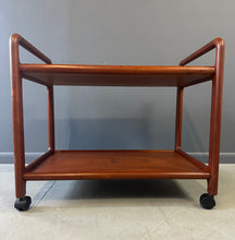 Load image into Gallery viewer, Vintage Danish teak mid-century modern bar cart or drinks trolley with two-tier design, rolling wheels, and minimalist Scandinavian style