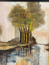 Load image into Gallery viewer, 1970s landscape painting by Lee Reynolds featuring abstractly rendered trees, boats with tall masts, water reflections, and distant buildings in warm tones of yellow, orange, and brown