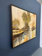 Load image into Gallery viewer, 1970s landscape painting by Lee Reynolds featuring abstractly rendered trees, boats with tall masts, water reflections, and distant buildings in warm tones of yellow, orange, and brown