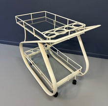 Load image into Gallery viewer, Vintage 1980s postmodern two-tier bar cart with curvy metal frame and glass shelves, attributed to Woodard