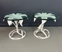 Load image into Gallery viewer, Vintage 1960s Arthur Court style white metal floral side tables with glass tops, mid-century modern design