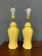 Load image into Gallery viewer, 1970s yellow Chinoiserie lamps, Mid-Century modern ceramic lighting pair