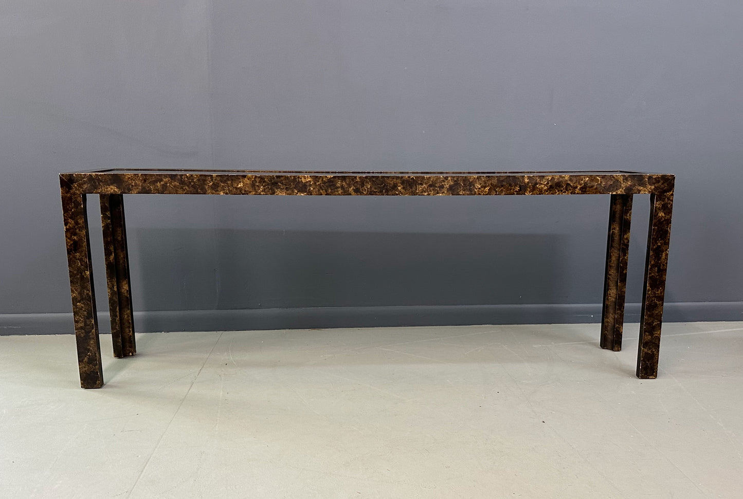 John Widdicomb Faux Tortoise Shell Console Table with Patinated Brass Top
