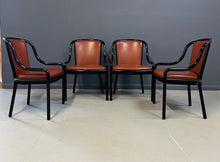 Load image into Gallery viewer, Set of four rare 1970s Ward Bennett Landmark Variation chairs for Brickel Associates, featuring black lacquered frames and rust leather upholstery—mid-century modern design